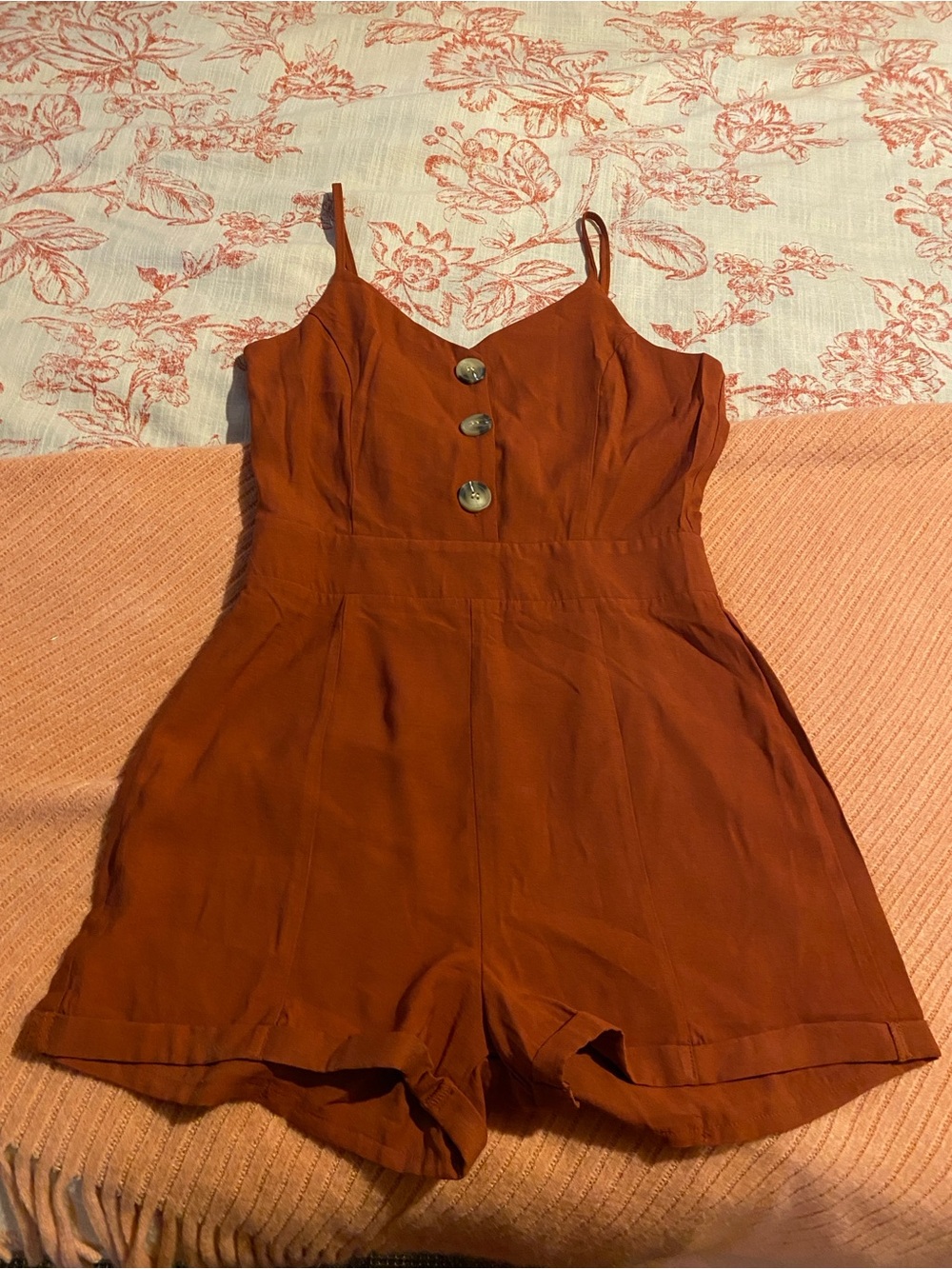 SHEIN Rust Button-Front Spaghetti Strap Romper
